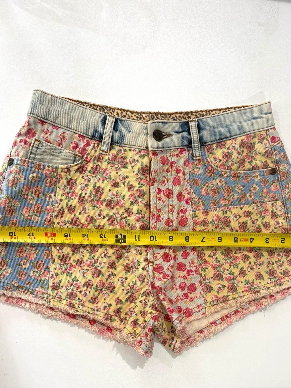 Farm Rio Floral Patchwork Denim Women’s Shorts - Yellow/Pink/Blue - Picture 11 of 11